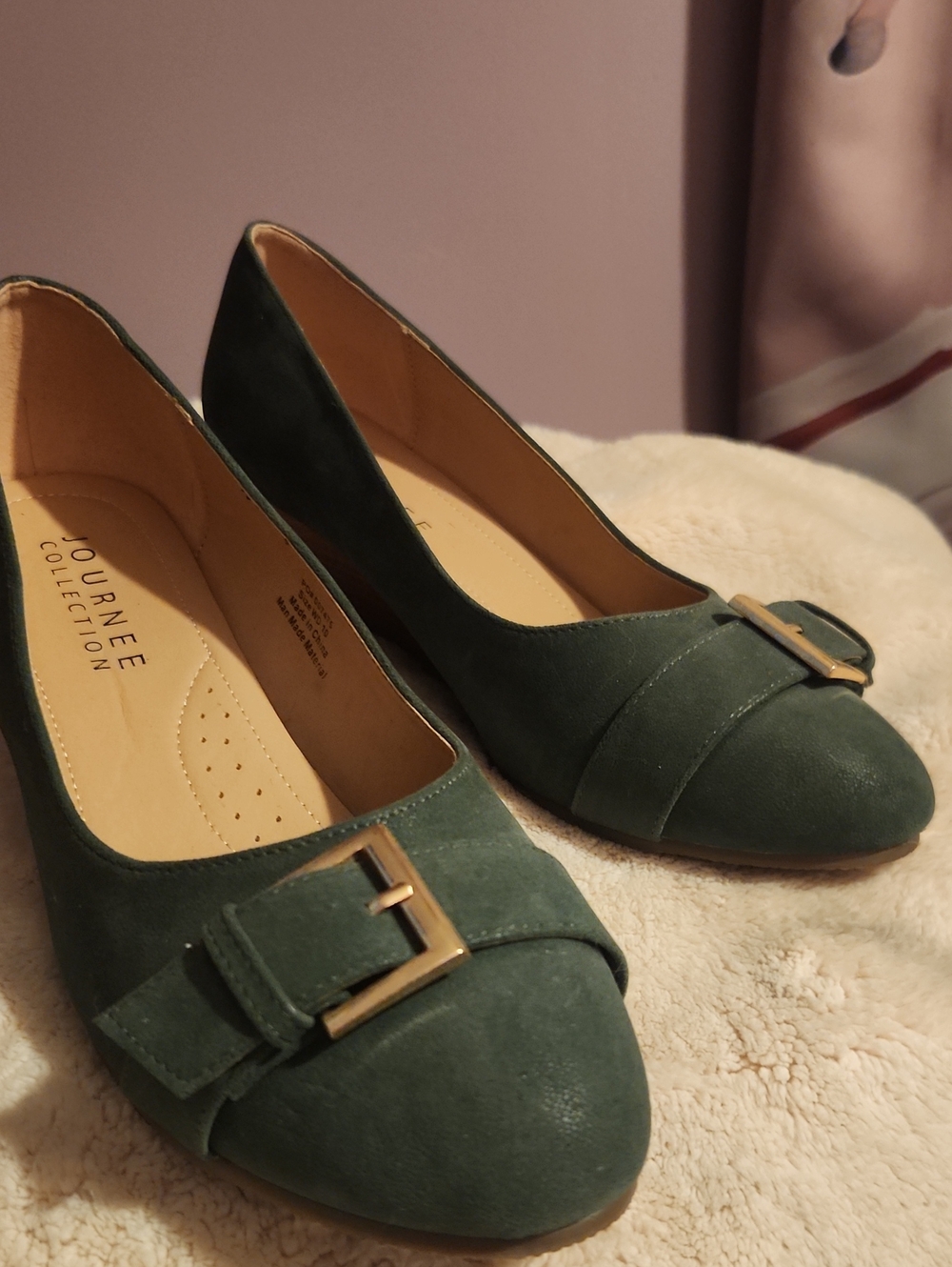 Journee Collection Forest Green Suede Buckle Wedge